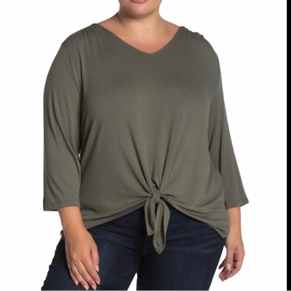 COMO VINTAGE Blouse Womens  Plus Size 3X Green Front Tie Flowy V Neck 3/4 Sleeve